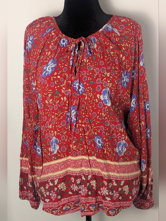 Novica Tops - Novica Womens Red Mixed Floral Print Woven Top Blouse Bohemian Long Sleeve Sz L